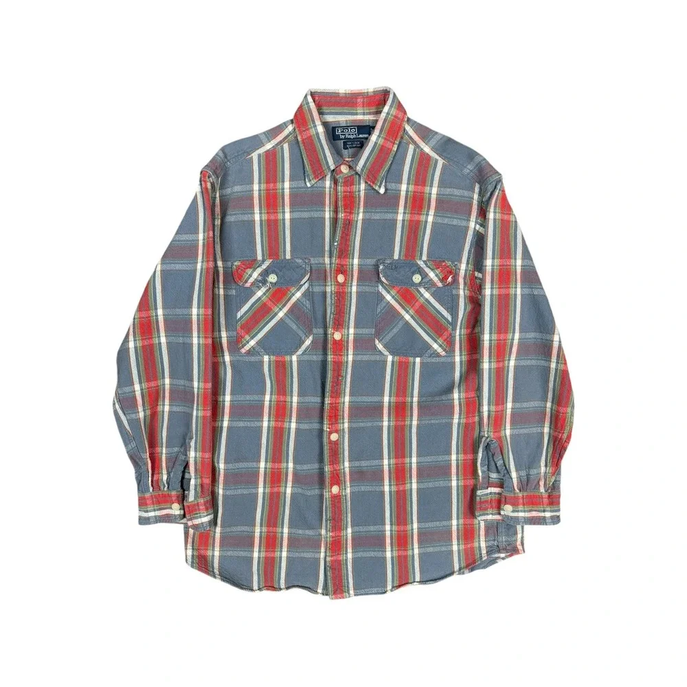 Polo Ralph Lauren Flannel Shirt Mens M Blue Plaid Good Distressed 90s Matlock